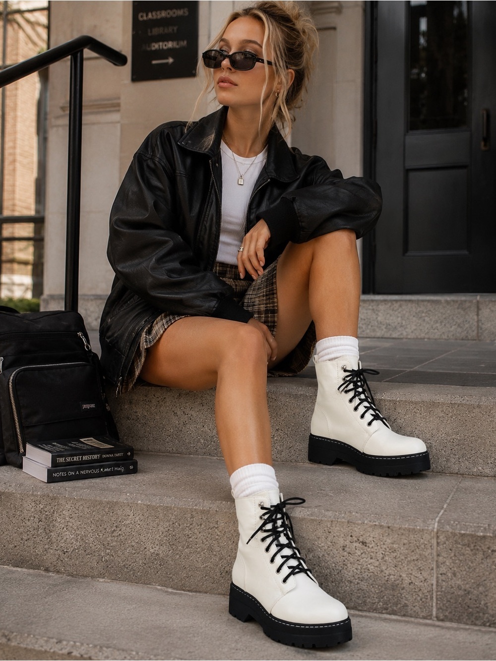 MIA White Lace-Up Combat Boots with Black Lug Sole